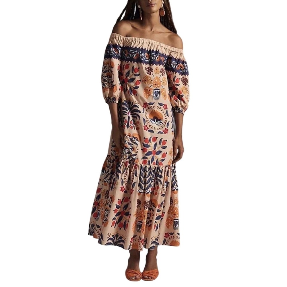 Farm Rio for Anthropologie Floral Tropical 3/4 Sleeve Midi Dress Peach BOHO XS/S